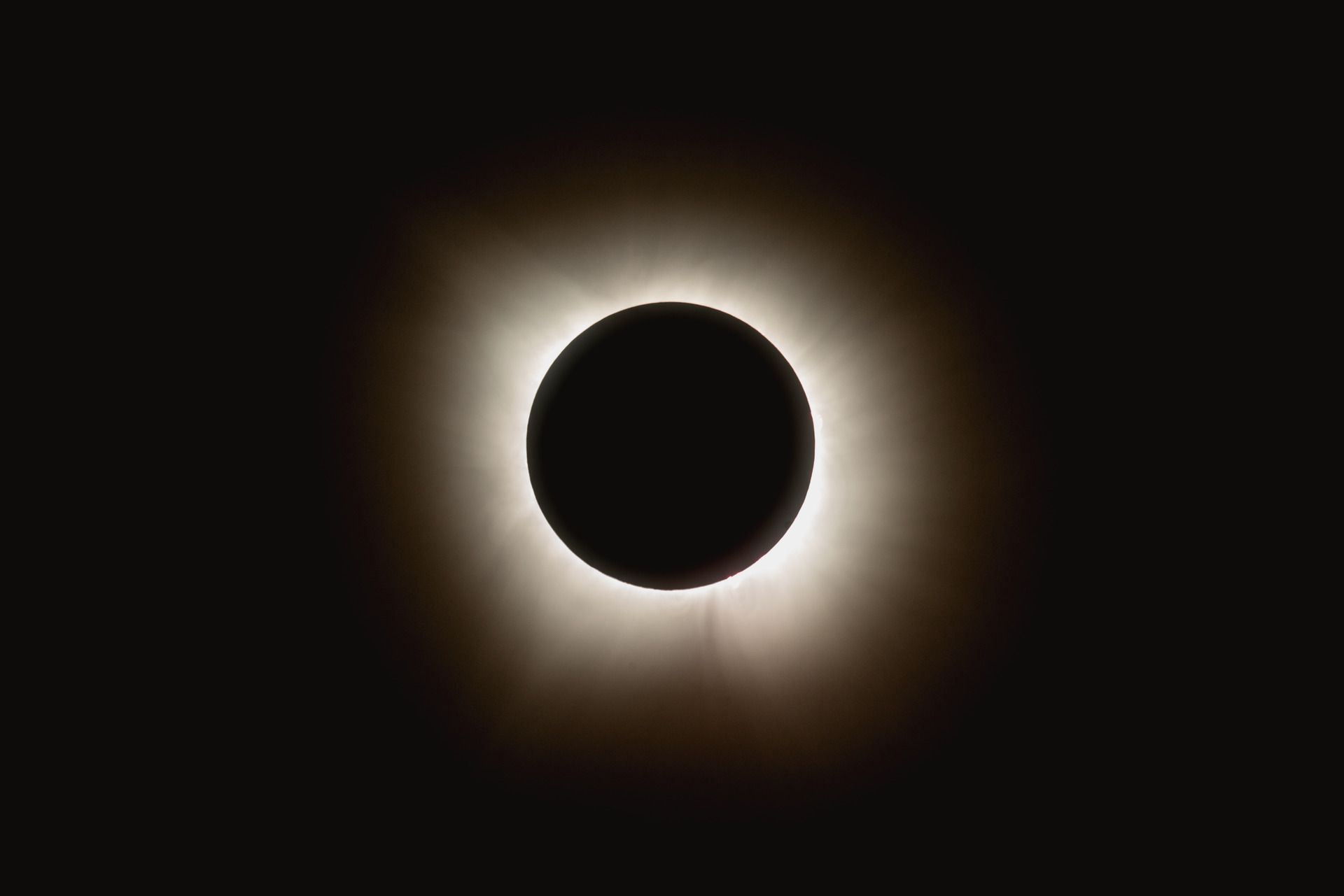 The Sun's white corona flares around the black disc of the Moon at the moment of a total solar eclipse